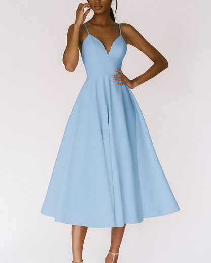 Katia | Robe midi de mariage femme avec fines bretelles et jupe ample