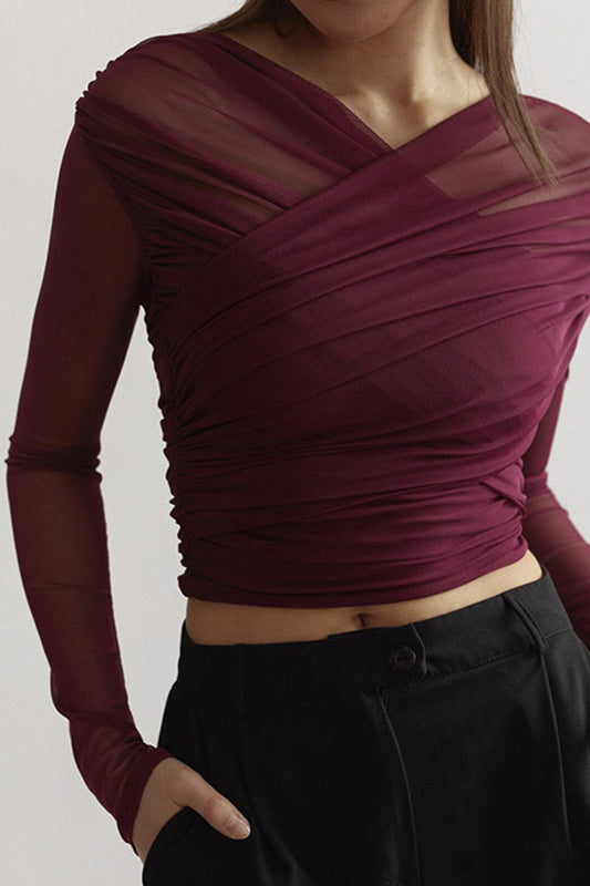 Zerina | Damen-Longsleeve-Top mit gerafftem Design und transparentem Stoff  