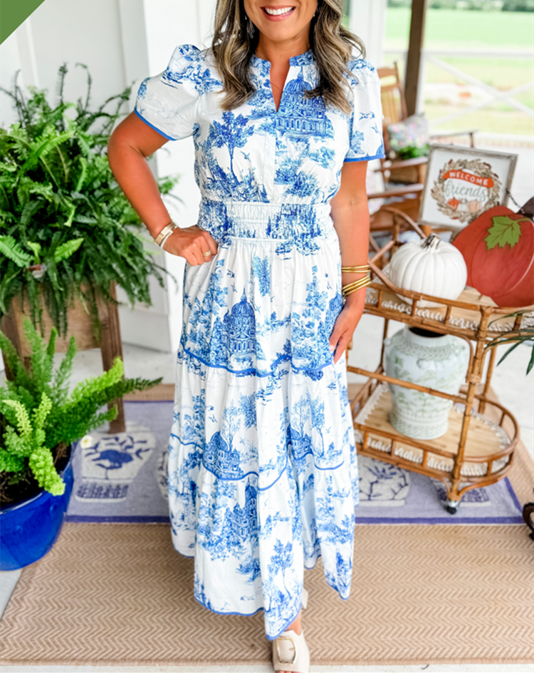 Olalla | Robe midi pour femme avec imprimé vintage et volants