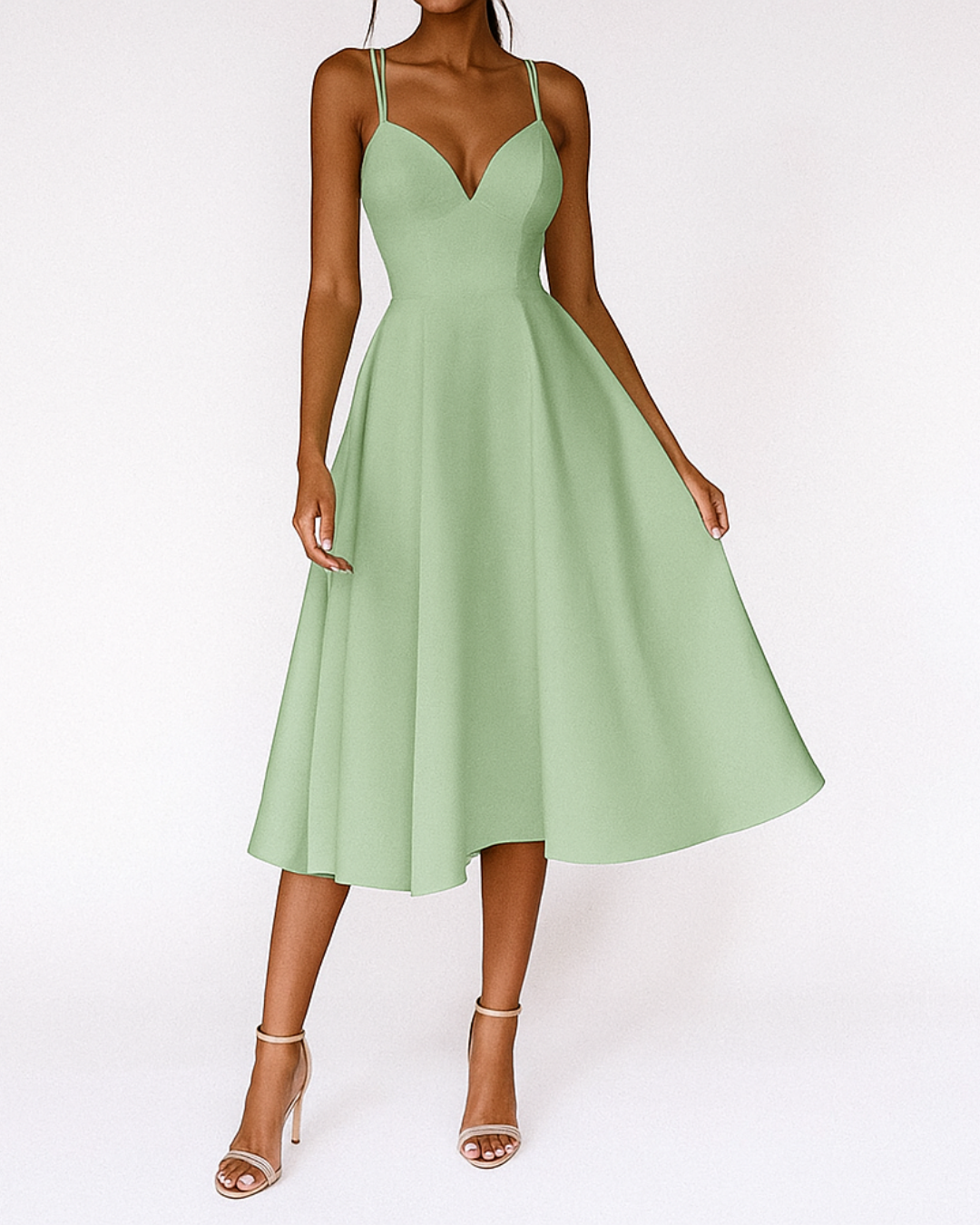 Katia | Robe midi de mariage femme avec fines bretelles et jupe ample