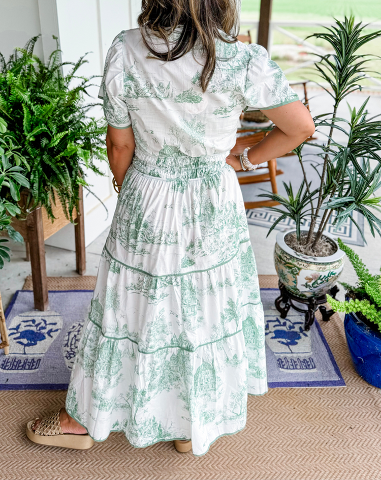 Olalla | Robe midi pour femme avec imprimé vintage et volants