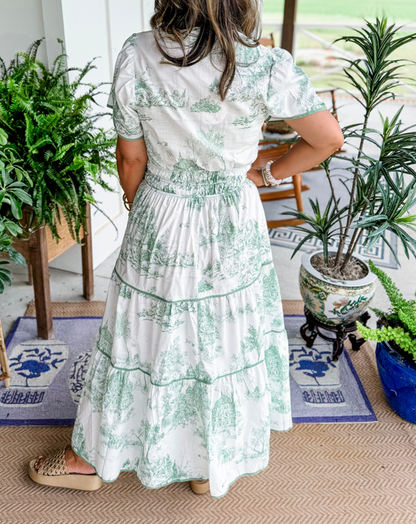 Olalla | Robe midi pour femme avec imprimé vintage et volants