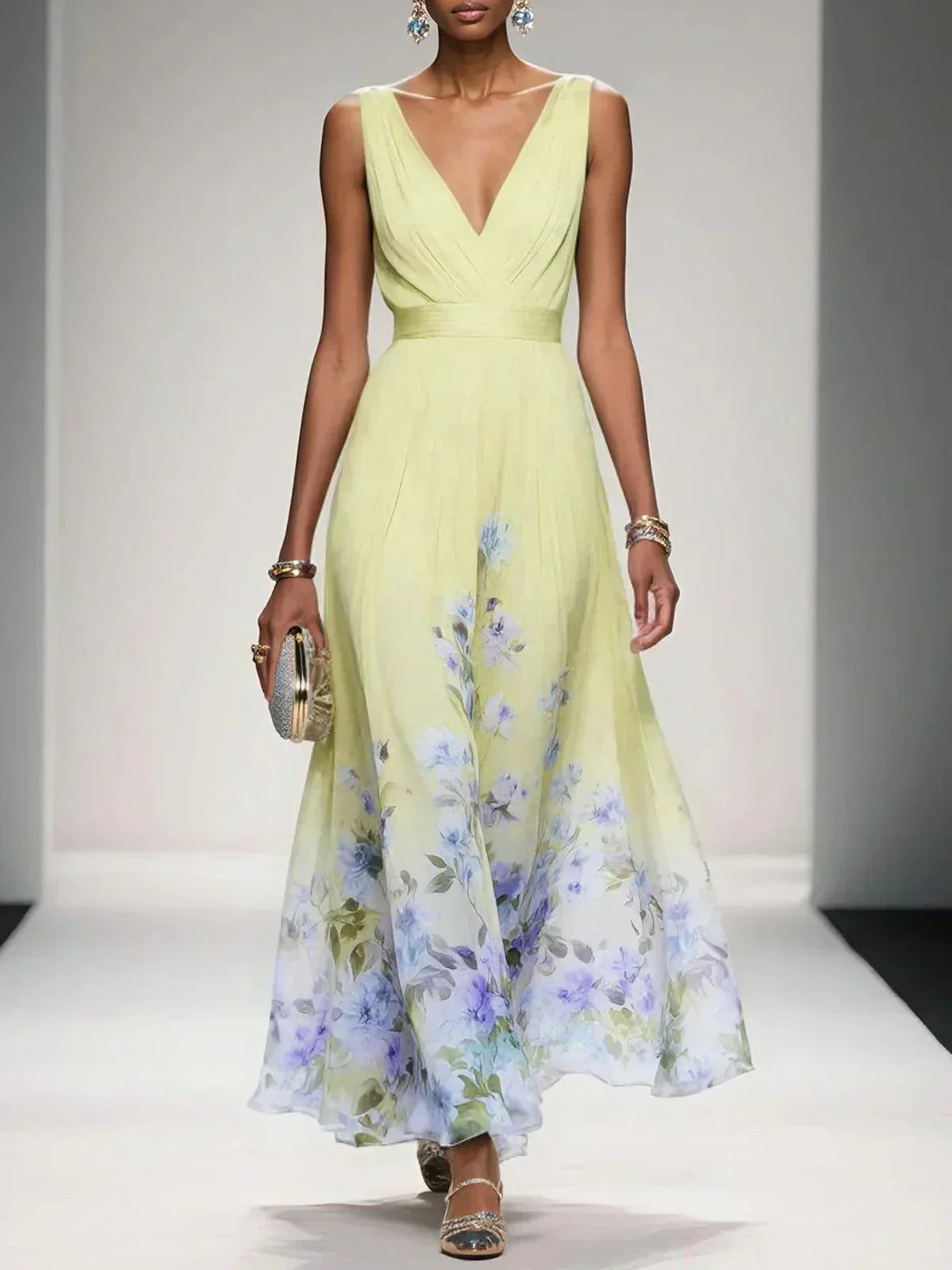 Daniela | Maxikleid für Damen mit Blumenmuster und V-Ausschnitt  