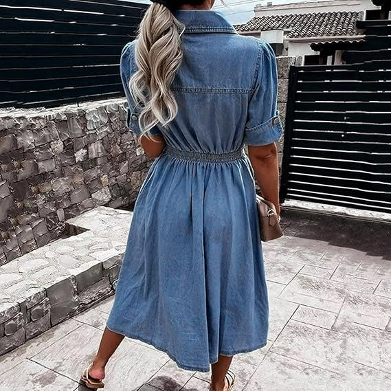 Araceli | Midi-Kleid mit Knöpfen und kurzen Ärmeln, locker geschnitten