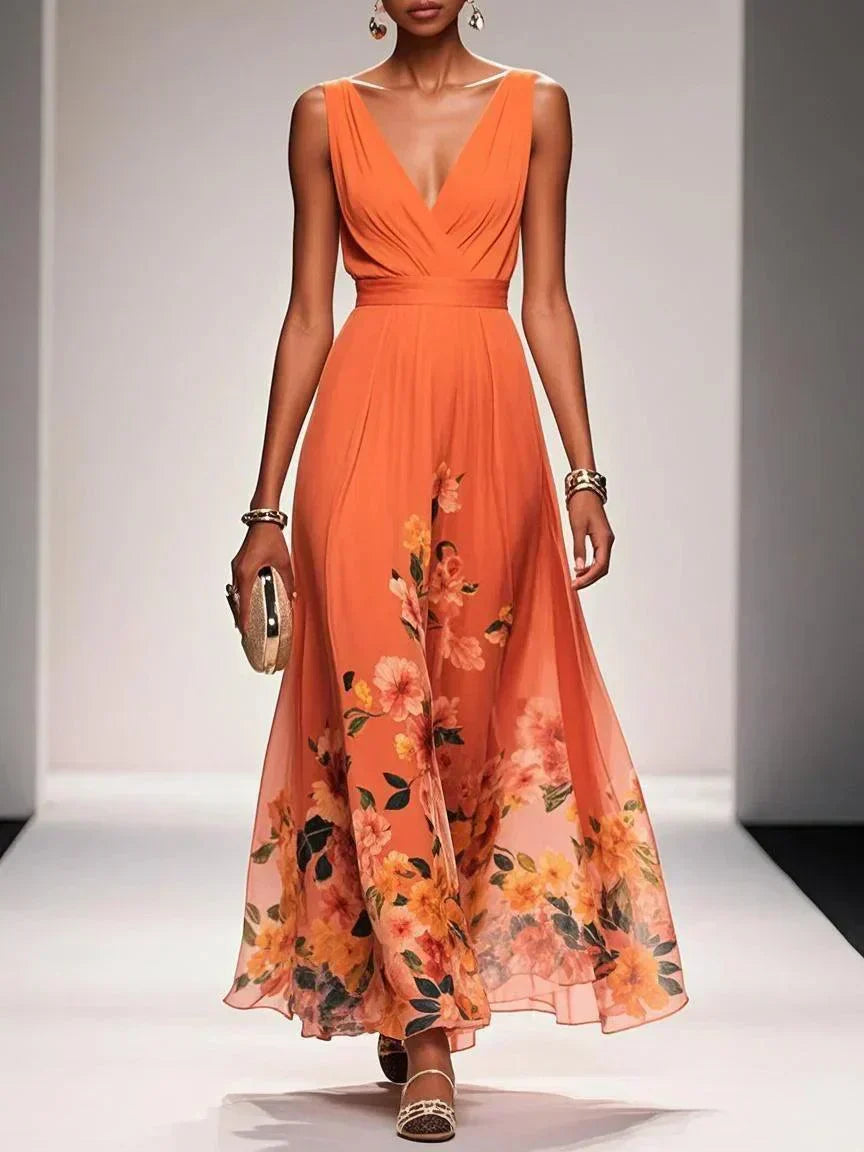Daniela | Maxikleid für Damen mit Blumenmuster und V-Ausschnitt  