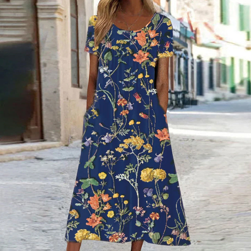 Veridia | Langes Damenkleid mit Blumenmuster und Taschen | Lässig