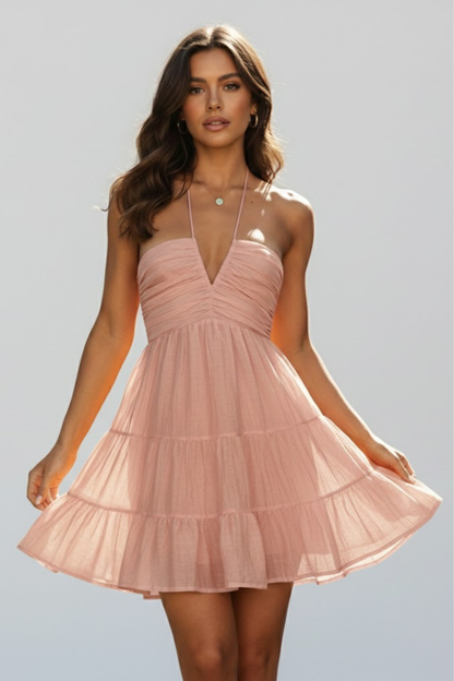 Noelia | Vestido mini de mujer con cuello halter y falda en capas