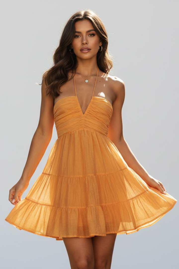 Noelia | Vestido mini de mujer con cuello halter y falda en capas