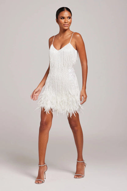 Elora | Robe de cocktail pour femme avec franges et plumes