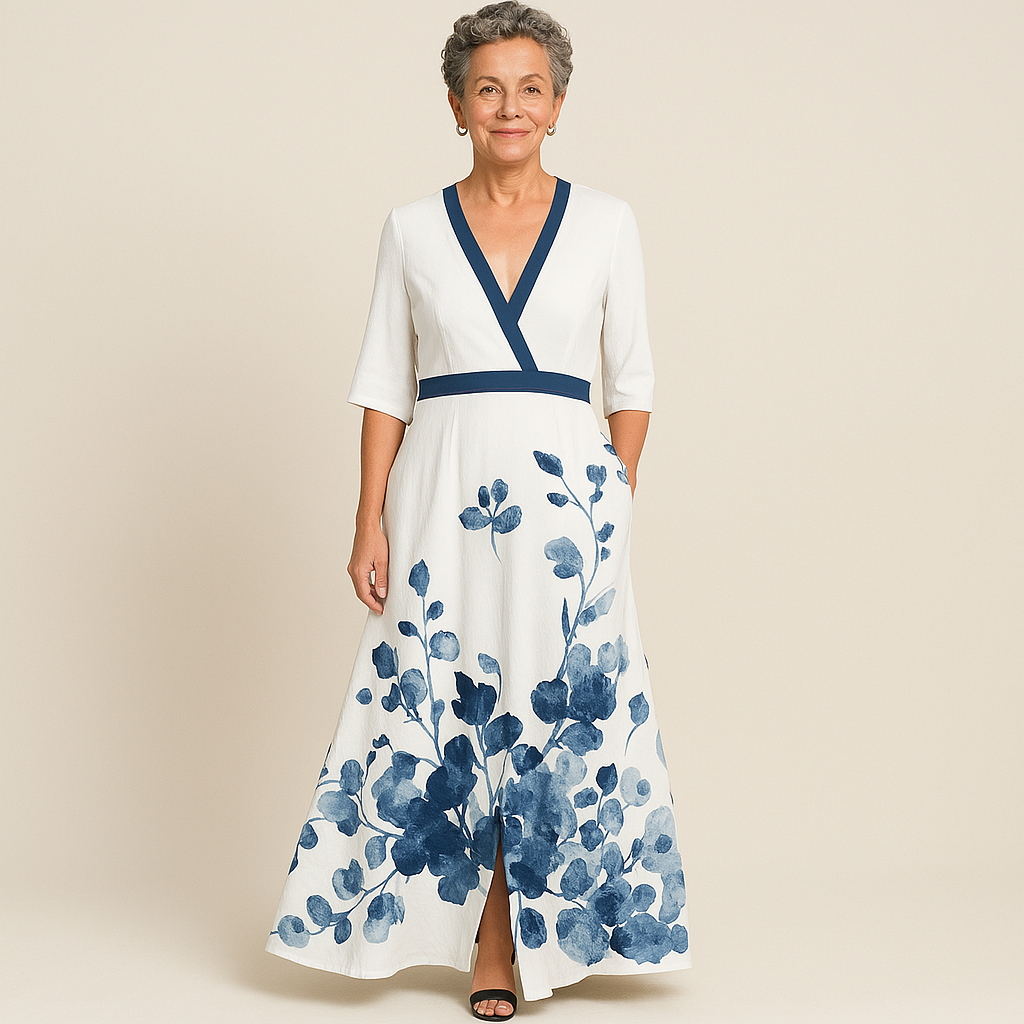 Isabel | Maxikleid für Damen mit tiefem V-Ausschnitt und weitem Rock  