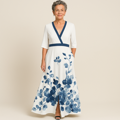 Isabel | Maxikleid für Damen mit tiefem V-Ausschnitt und weitem Rock  