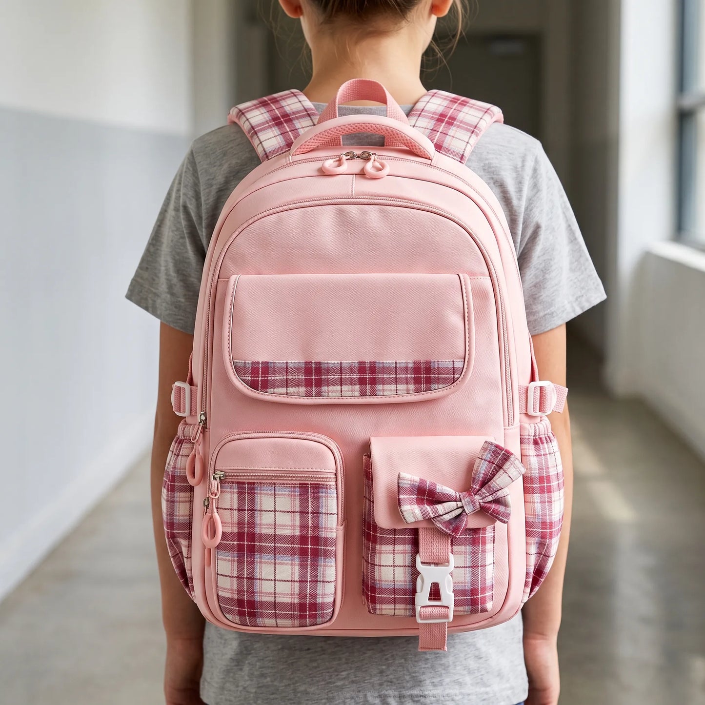 Chiki | Mochila escolar con detalles de cuadros y bolsillos