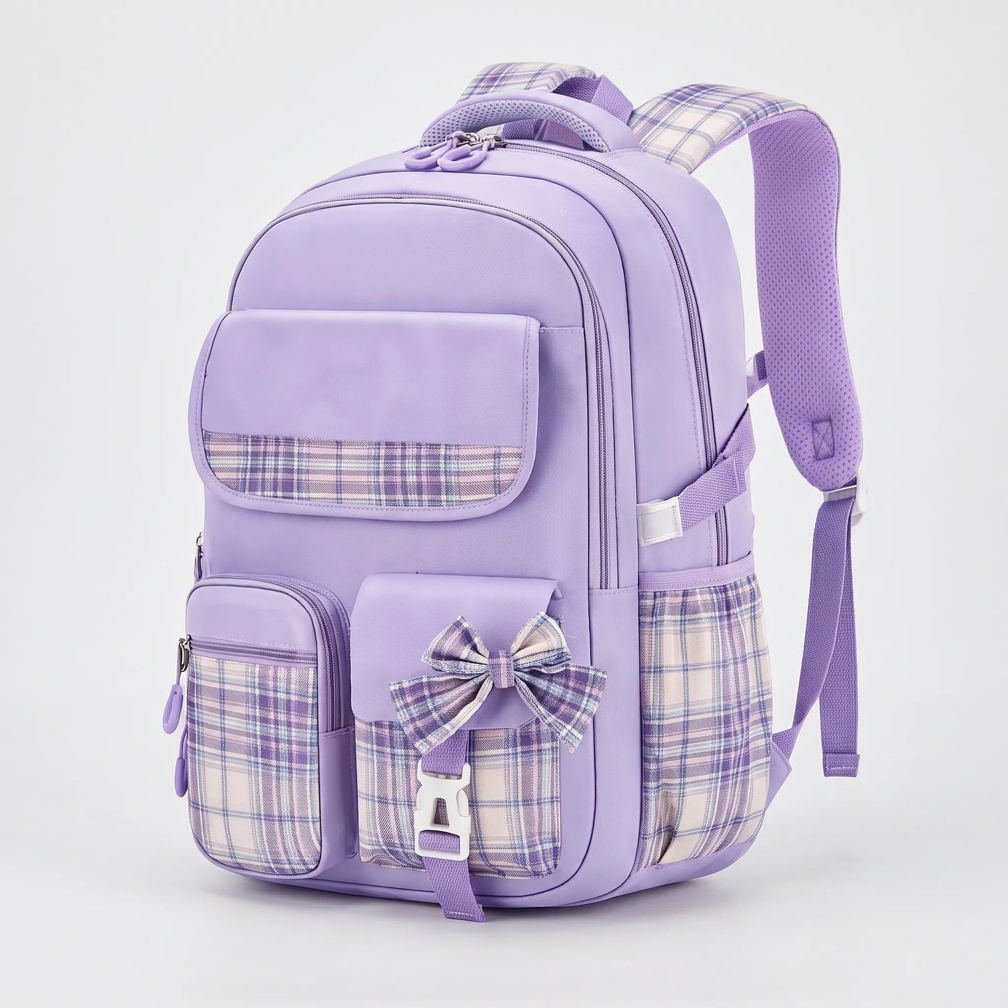 Chiki | Mochila escolar con detalles de cuadros y bolsillos