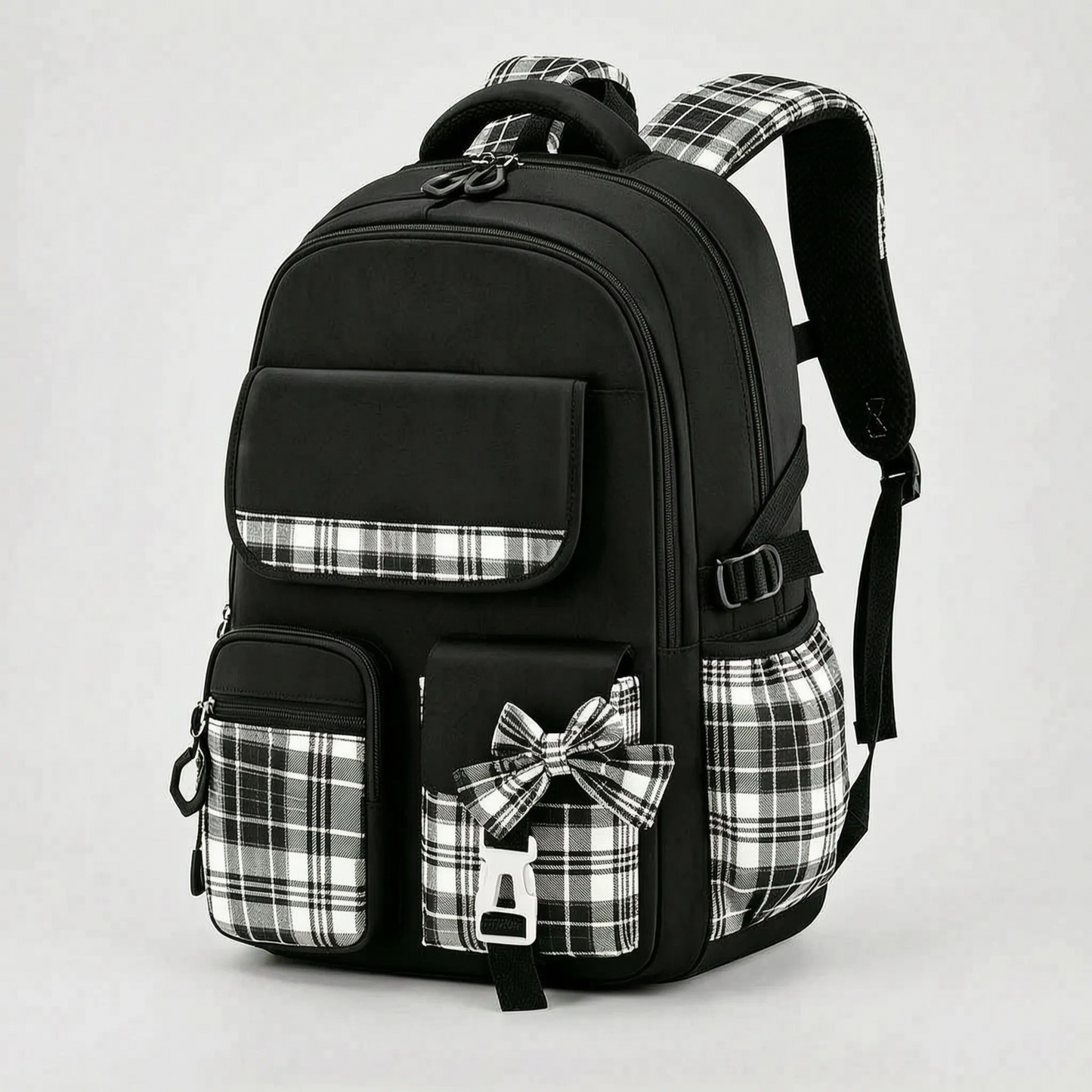 Chiki | Mochila escolar con detalles de cuadros y bolsillos
