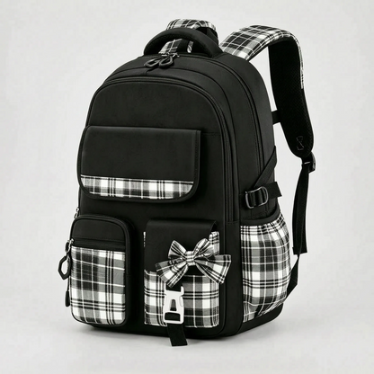 Chiki | Mochila escolar con detalles de cuadros y bolsillos