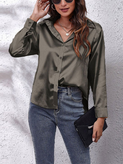 Kaleth | Fließende Satinbluse für Damen mit langen Ärmeln und Knöpfen | Elegant