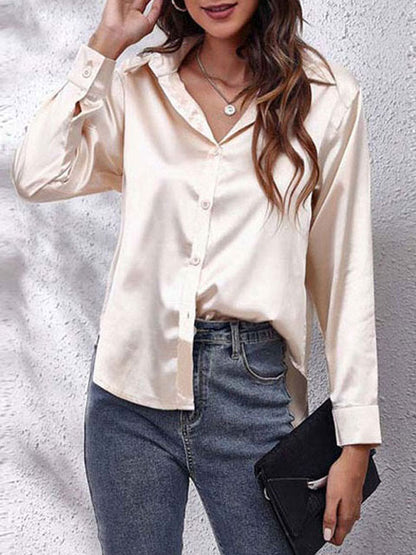 Kaleth | Fließende Satinbluse für Damen mit langen Ärmeln und Knöpfen | Elegant
