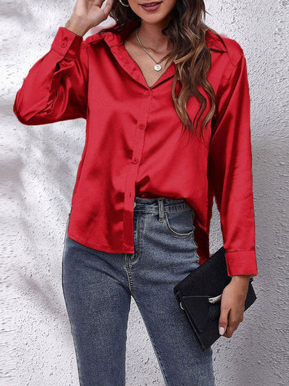 Kaleth | Fließende Satinbluse für Damen mit langen Ärmeln und Knöpfen | Elegant
