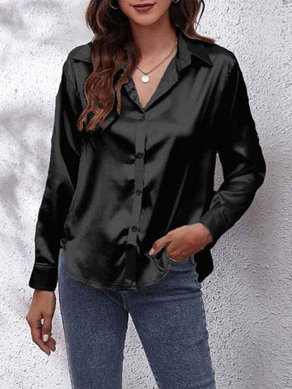 Kaleth | Fließende Satinbluse für Damen mit langen Ärmeln und Knöpfen | Elegant