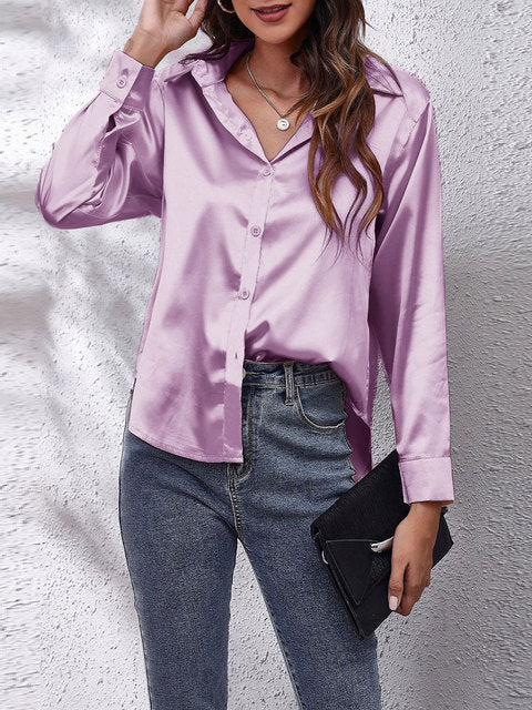 Kaleth | Fließende Satinbluse für Damen mit langen Ärmeln und Knöpfen | Elegant