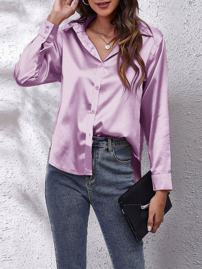 Kaleth | Fließende Satinbluse für Damen mit langen Ärmeln und Knöpfen | Elegant