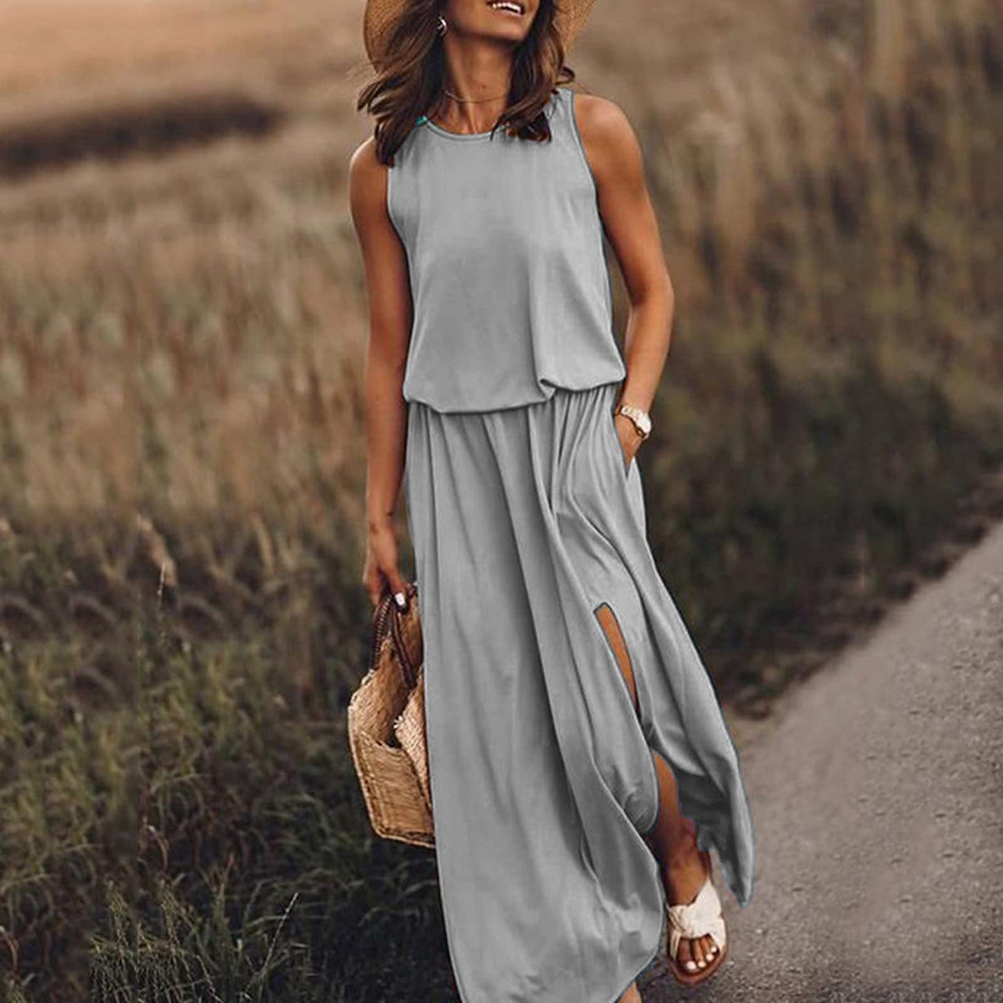 Kariela | Elegantes Damen-Maxikleid mit seitlichem Schlitz | Ärmellos