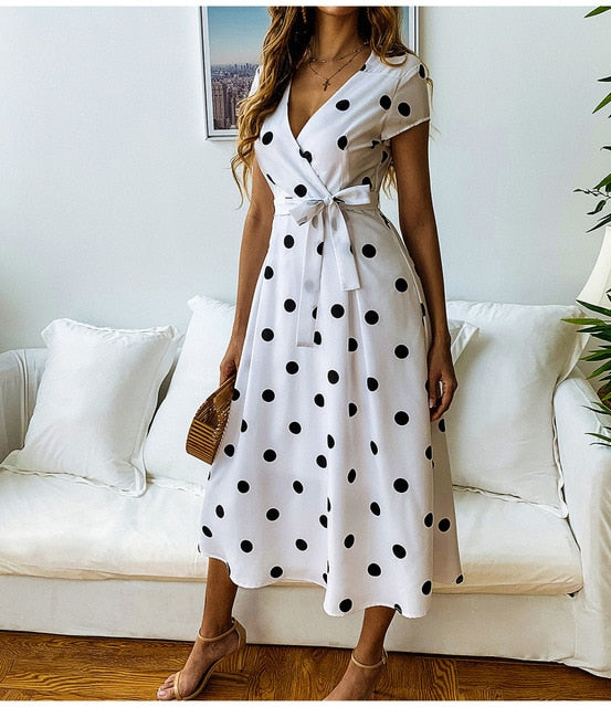 Clementina | Elegantes Midikleid für Damen mit Punkten und Schleife  