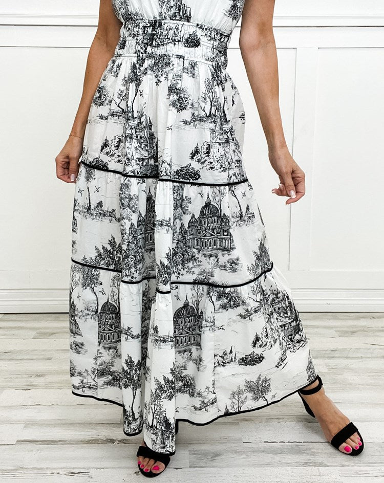 Olalla | Robe midi pour femme avec imprimé vintage et volants