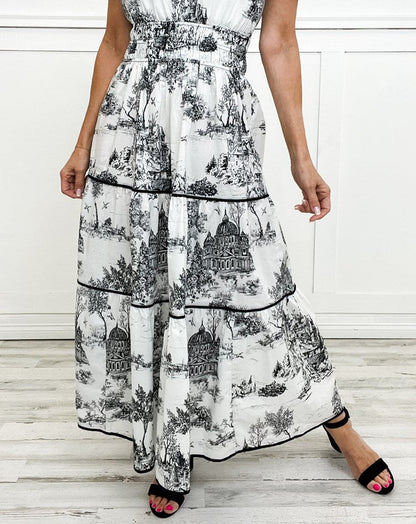 Olalla | Robe midi pour femme avec imprimé vintage et volants