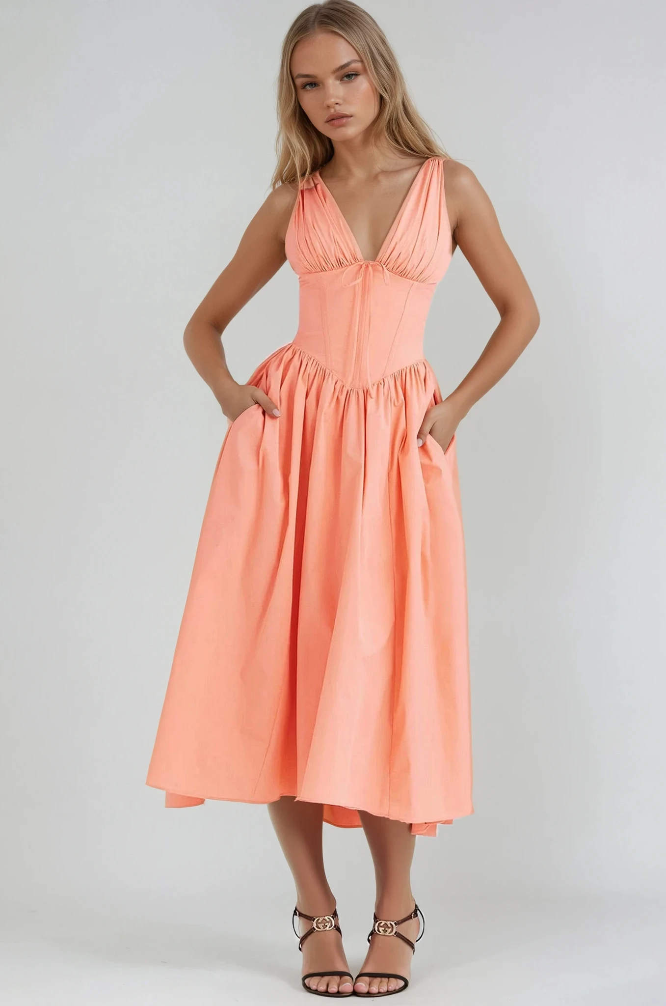 Nieves | Midikleid für Damen mit Blumenmuster und V-Ausschnitt  