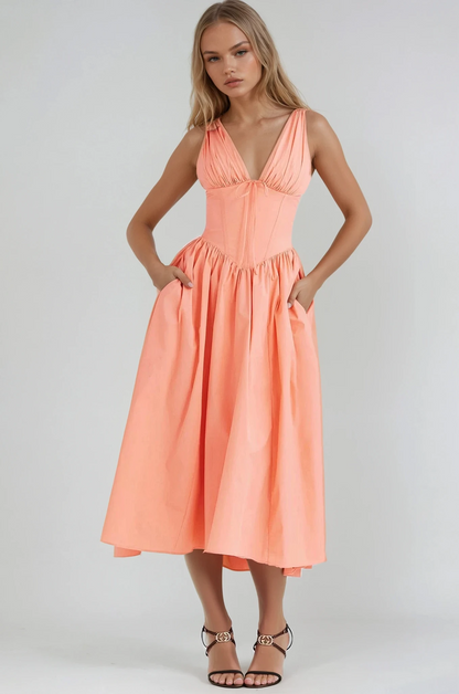 Nieves | Midikleid für Damen mit Blumenmuster und V-Ausschnitt  
