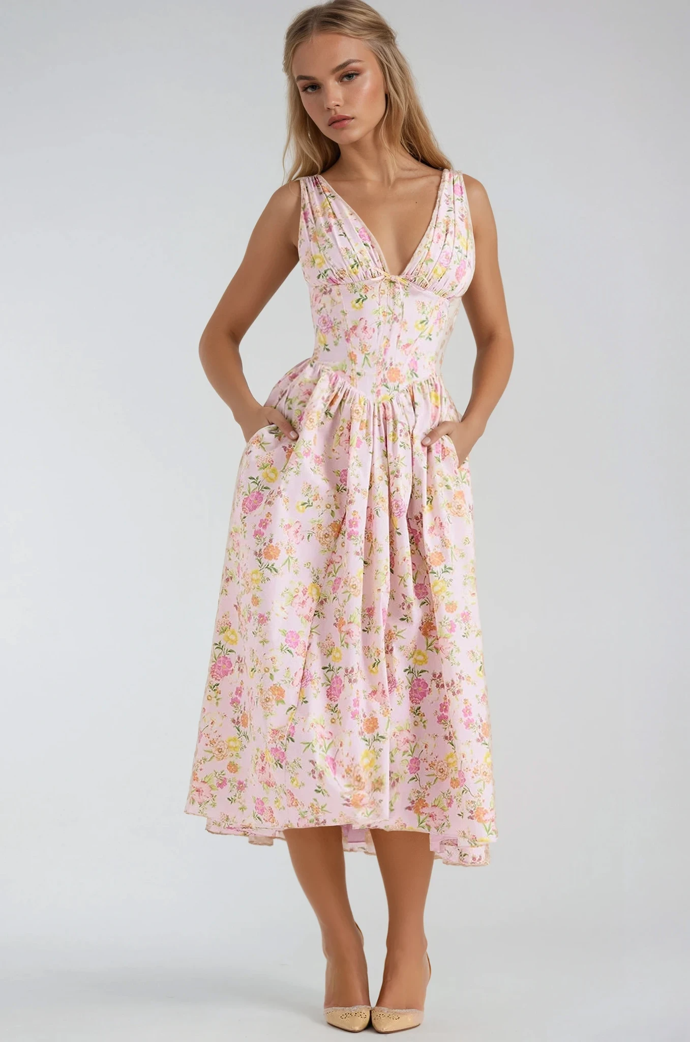 Nieves | Midikleid für Damen mit Blumenmuster und V-Ausschnitt  
