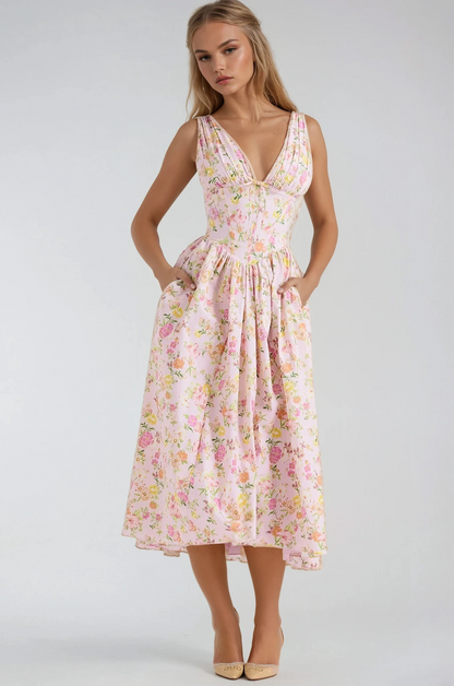 Nieves | Midikleid für Damen mit Blumenmuster und V-Ausschnitt  
