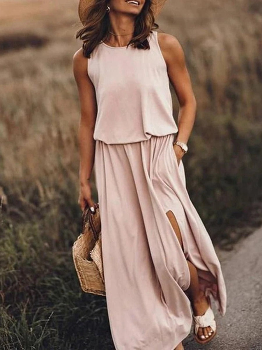 Kariela | Elegantes Damen-Maxikleid mit seitlichem Schlitz | Ärmellos