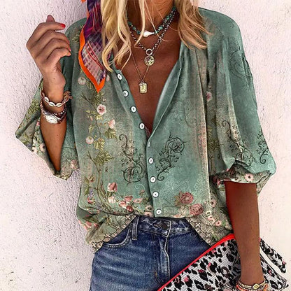 María | Boho-Damenbluse mit Blumenmuster und lockeren kurzen Ärmeln