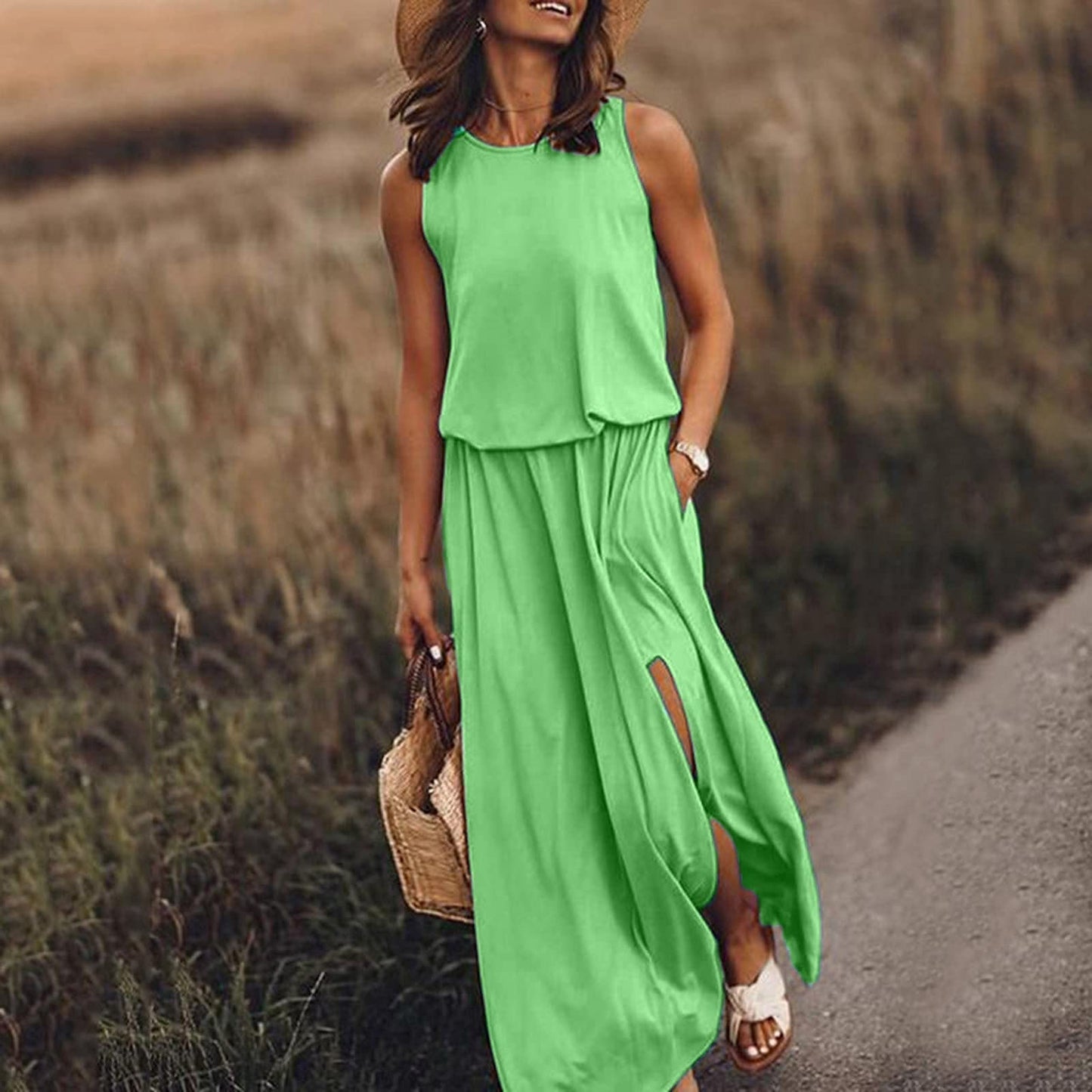Kariela | Elegantes Damen-Maxikleid mit seitlichem Schlitz | Ärmellos