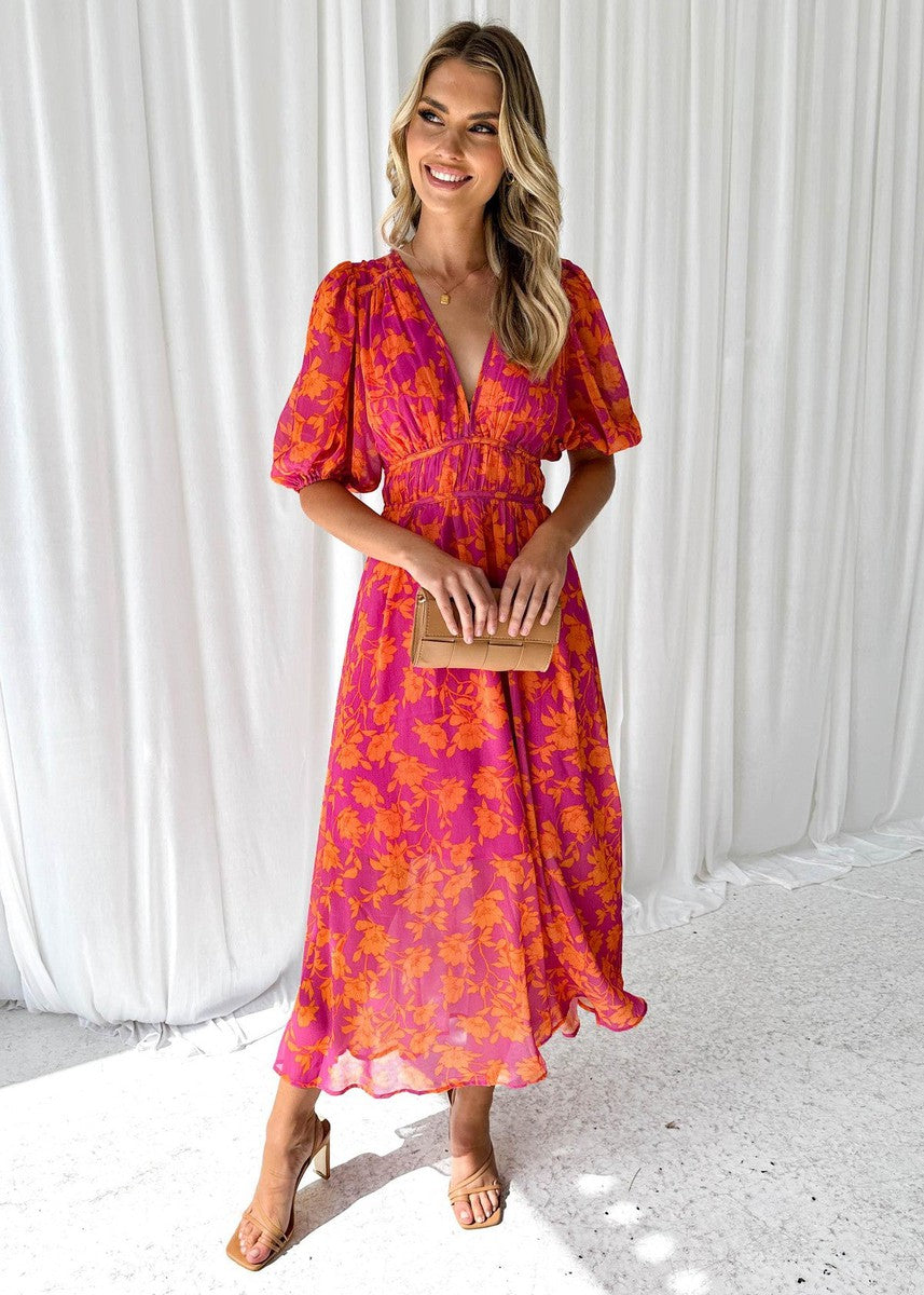 Asun | Robe midi fleurie à manches bouffantes pour femme