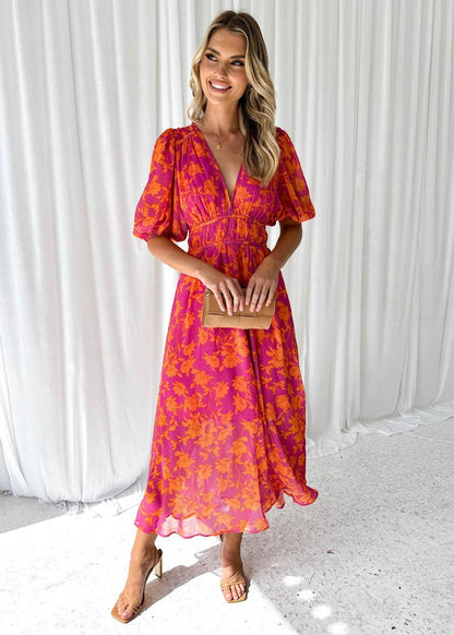 Asun | Robe midi fleurie à manches bouffantes pour femme