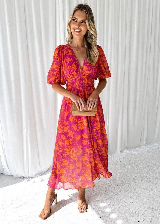 Asun | Midikleid mit Blumenmuster und Puffärmeln für Damen