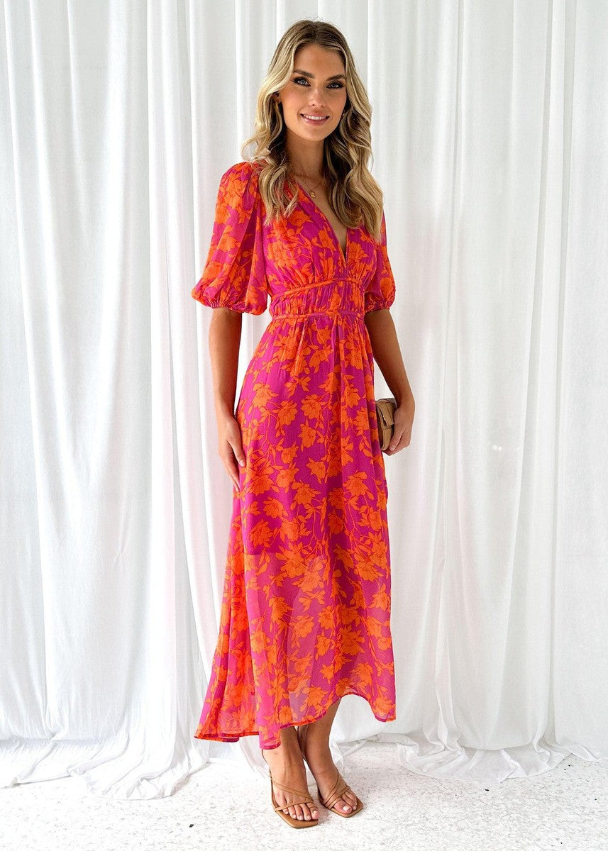 Asun | Robe midi fleurie à manches bouffantes pour femme
