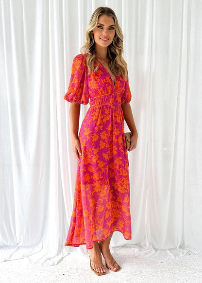Asun | Robe midi fleurie à manches bouffantes pour femme