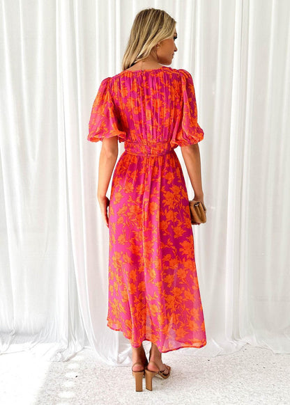 Asun | Robe midi fleurie à manches bouffantes pour femme
