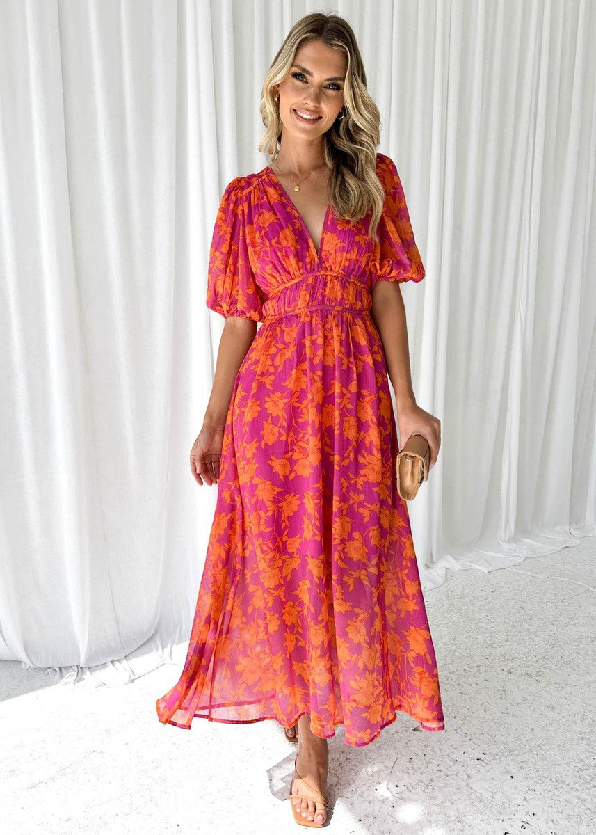Asun | Robe midi fleurie à manches bouffantes pour femme