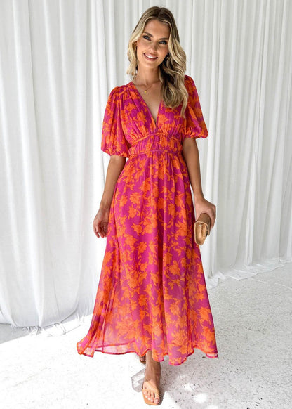 Asun | Robe midi fleurie à manches bouffantes pour femme