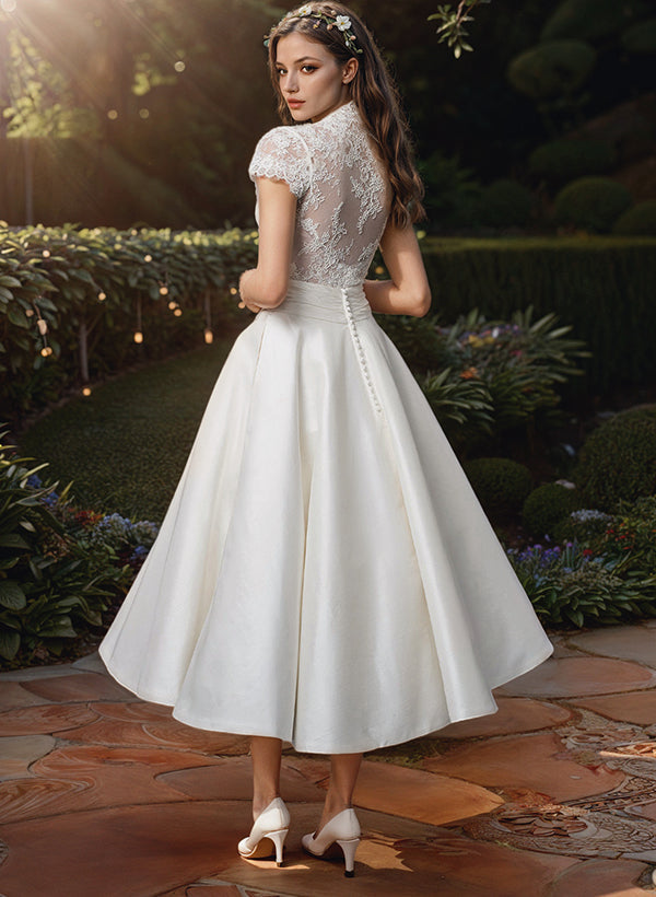 Sara | Vestido midi de mujer para boda con encaje y escote en V
