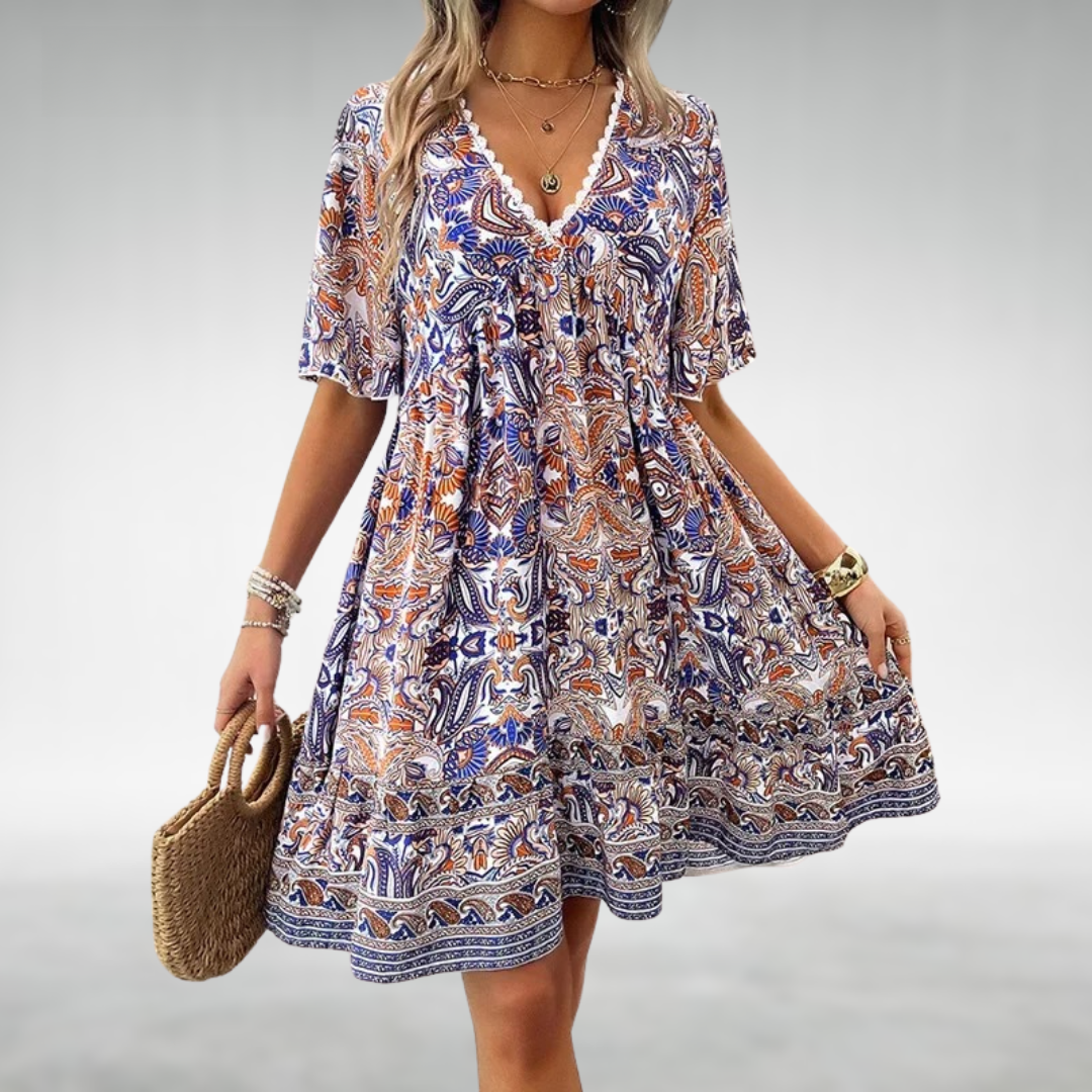 Ainhoa | Bedrucktes Boho-Minikleid für Damen mit V-Ausschnitt  