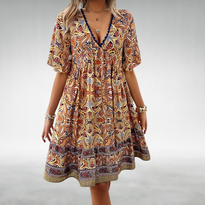 Ainhoa | Bedrucktes Boho-Minikleid für Damen mit V-Ausschnitt  