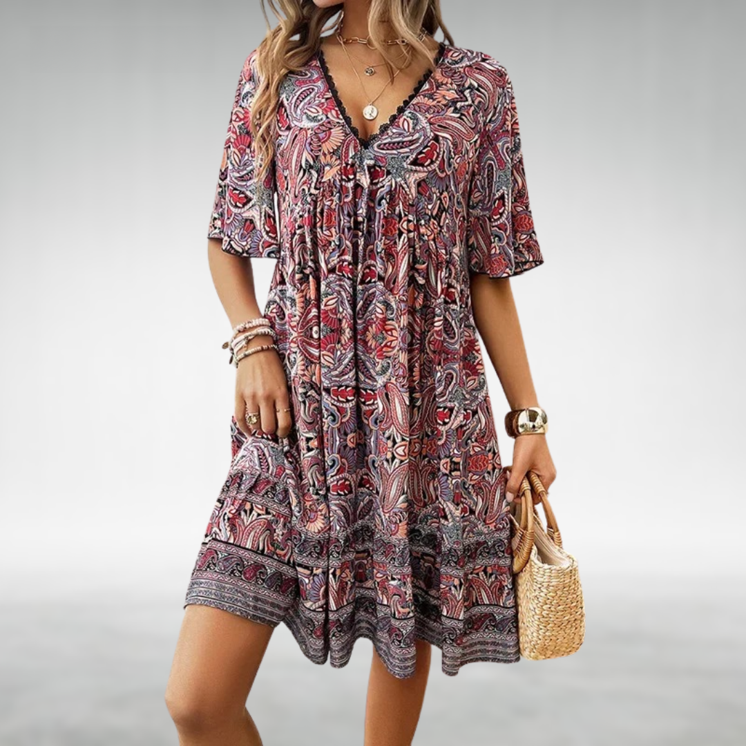 Ainhoa | Bedrucktes Boho-Minikleid für Damen mit V-Ausschnitt  