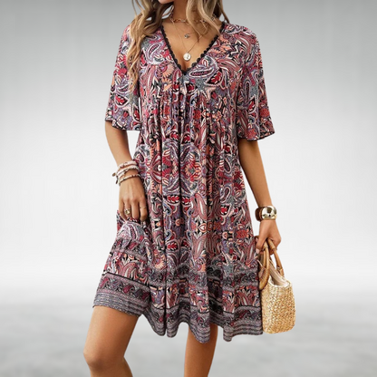 Ainhoa | Bedrucktes Boho-Minikleid für Damen mit V-Ausschnitt  