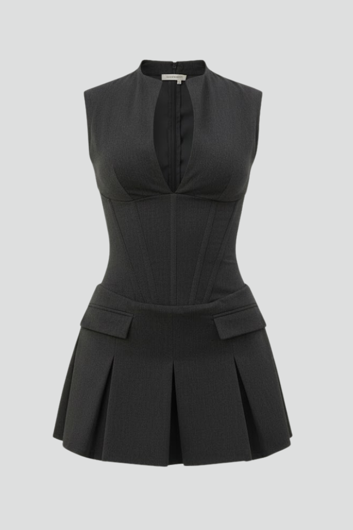 Irene | Women's mini dress with a deep neckline and pleated skirt